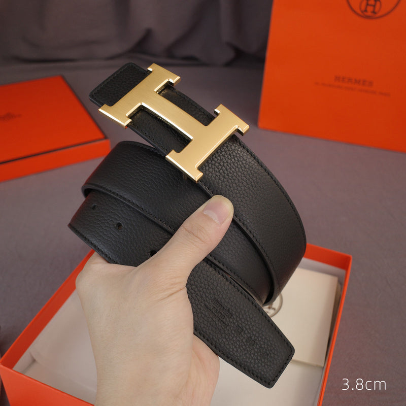 Hermes - 3.8/3.4/2.4cm classic H-lychee pattern black gold 3801h / 3401h / 2401h