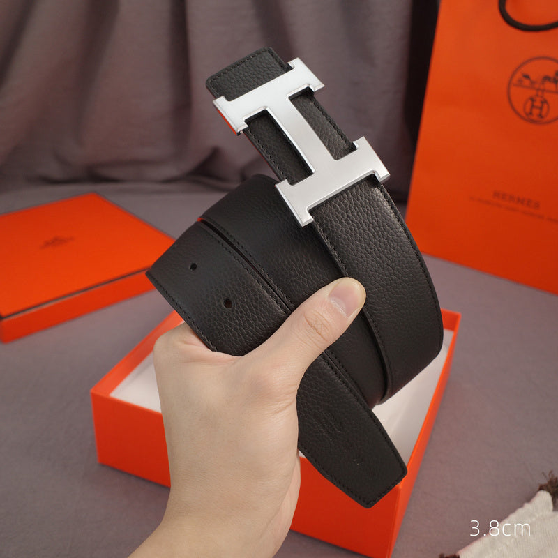 Hermes - 3.8/3.4/2.4cm classic H-lychee pattern black silver Buckle 3801h / 3401h / 2401h