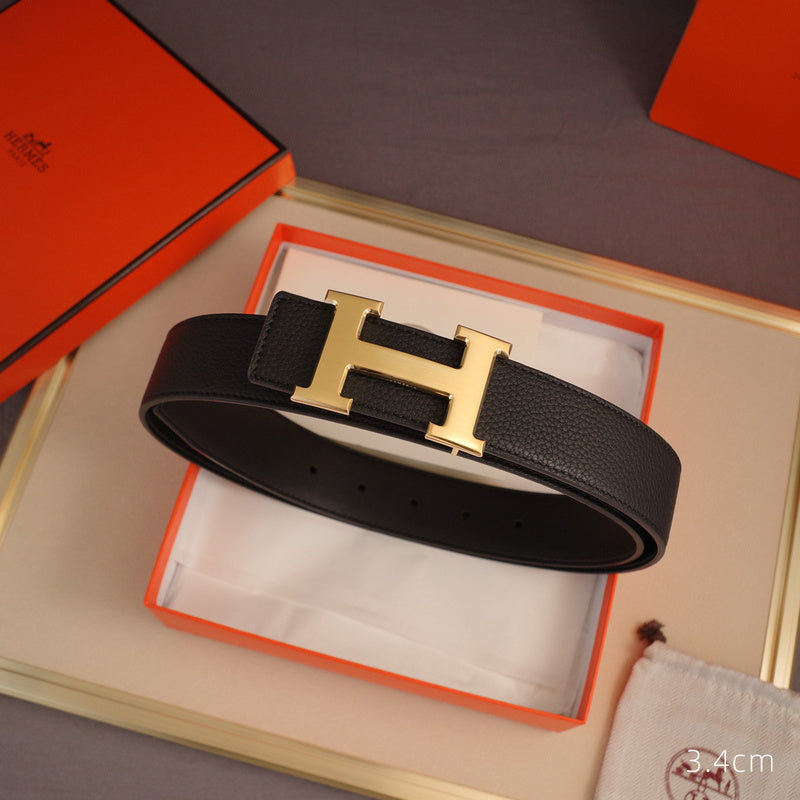 Hermes - 3.8/3.4/2.4cm classic H-lychee pattern black gold 3801h / 3401h / 2401h