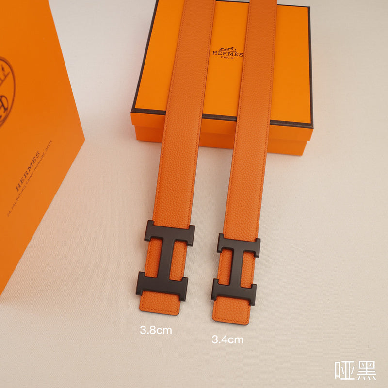 Hermes - 3.8/3.4 classic H-lychee pattern Orange black Buckle 3801h / 3401h