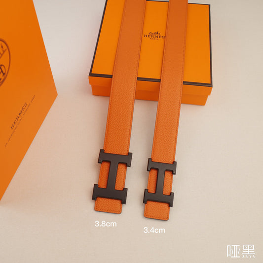Hermes - 3.8/3.4 classic H-lychee pattern Orange black Buckle 3801h / 3401h