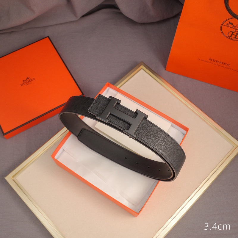 Hermes - 3.8/3.4/2.4cm classic H-lychee pattern black black Buckle 3801h / 3401h