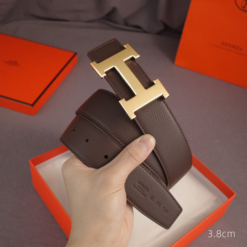 Hermes - 3.8/3.4 classic H-lychee pattern coffee gold Buckle 3801h / 3401h
