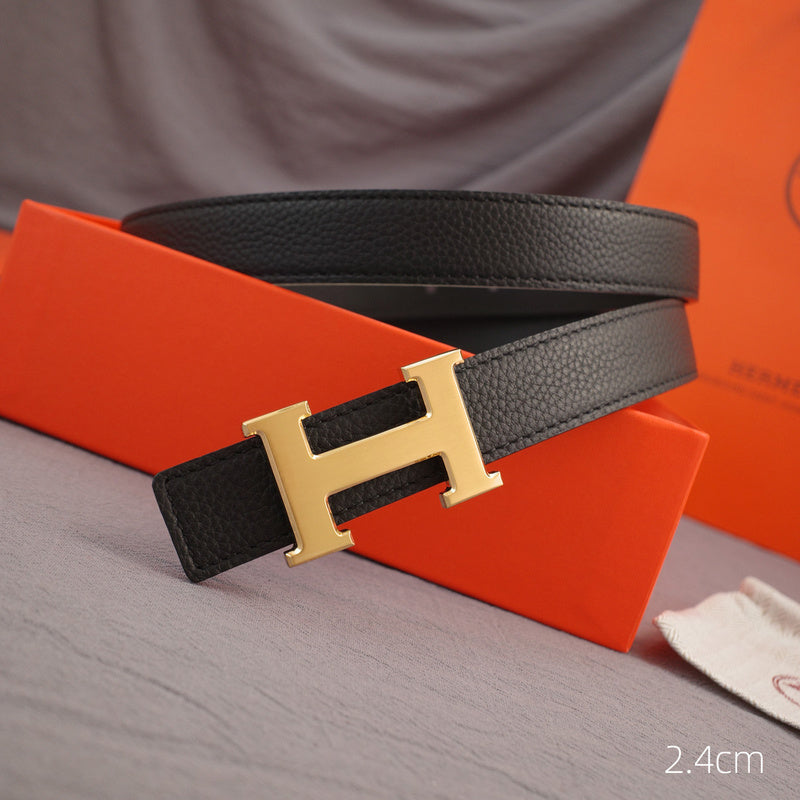 Hermes - 3.8/3.4/2.4cm classic H-lychee pattern black gold 3801h / 3401h / 2401h