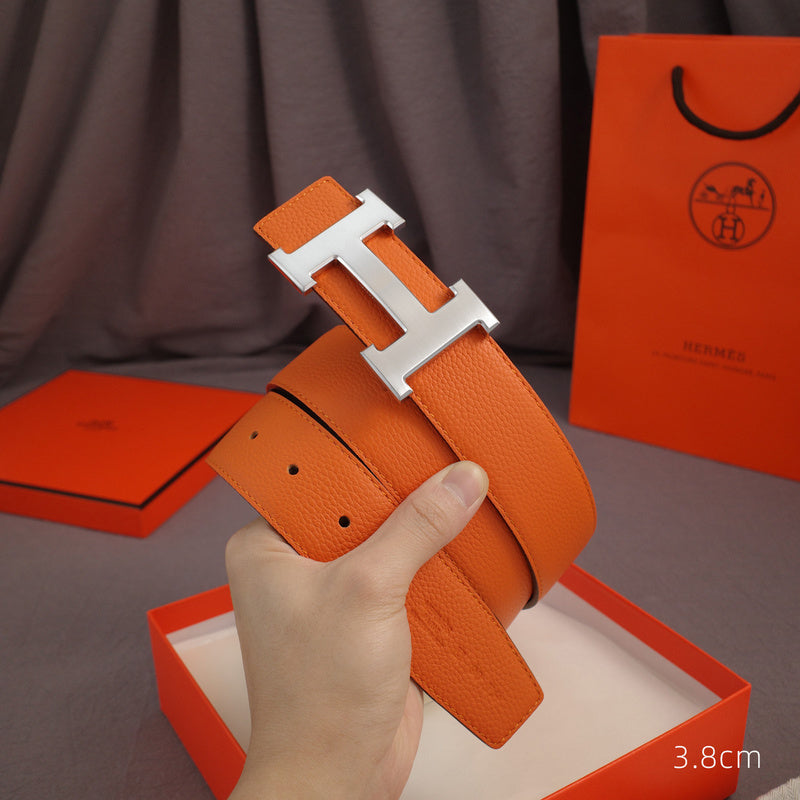 Hermes - 3.8/3.4 classic H-lychee pattern Orange silver Buckle 3801h / 3401h