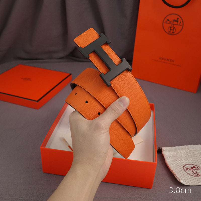 Hermes - 3.8/3.4 classic H-lychee pattern Orange black Buckle 3801h / 3401h