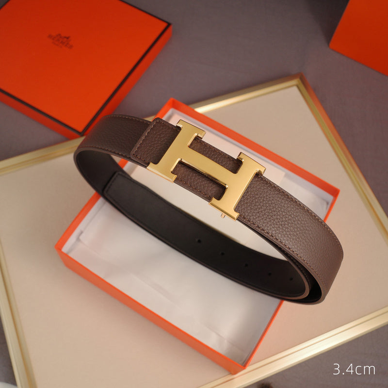 Hermes - 3.8/3.4 classic H-lychee pattern coffee gold Buckle 3801h / 3401h