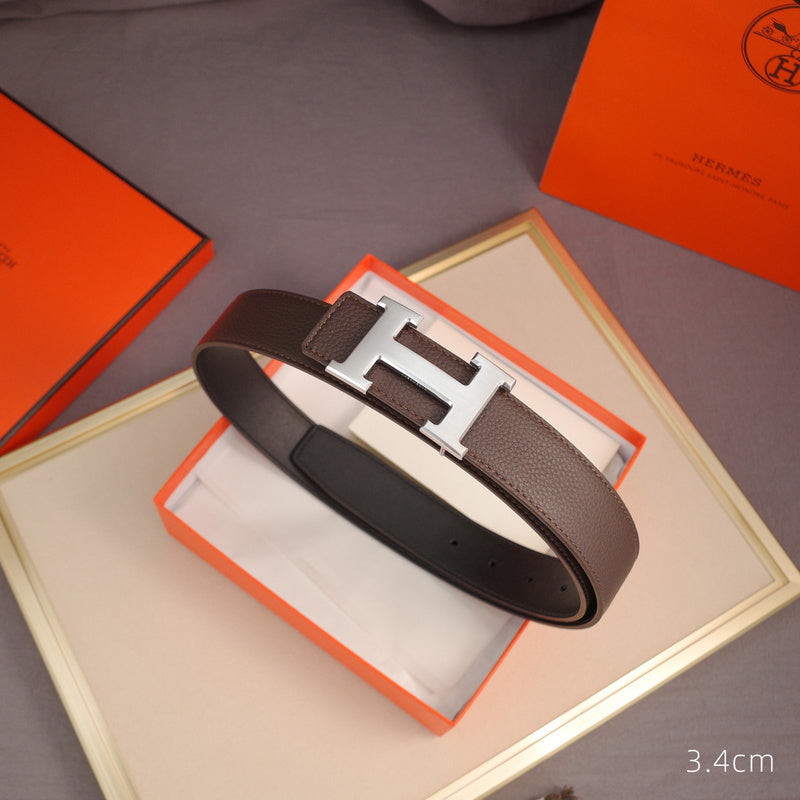 Hermes - 3.8/3.4 classic H-lychee pattern coffee silver Buckle 3801h / 3401h