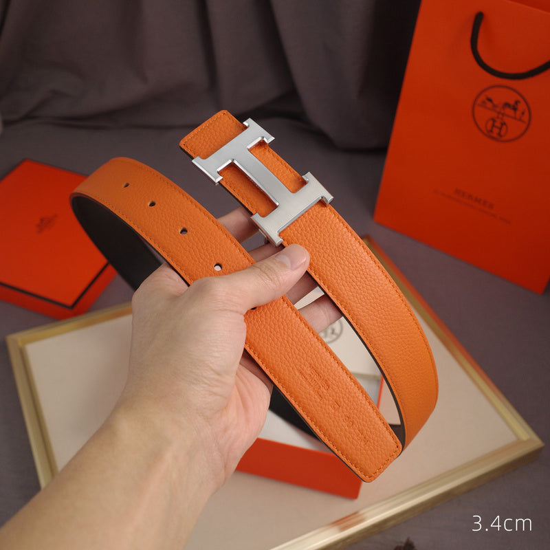 Hermes - 3.8/3.4 classic H-lychee pattern Orange silver Buckle 3801h / 3401h
