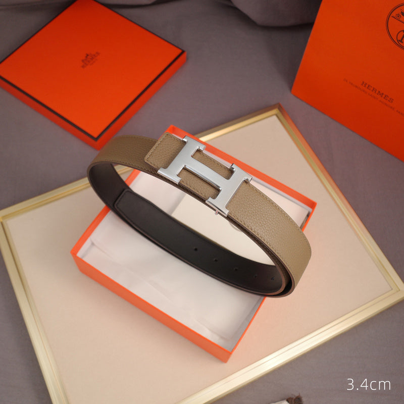 Hermes - 3.8/3.4/2.4cm classic H-lychee pattern khaki silver Buckle 3801h / 3401h / 2401h