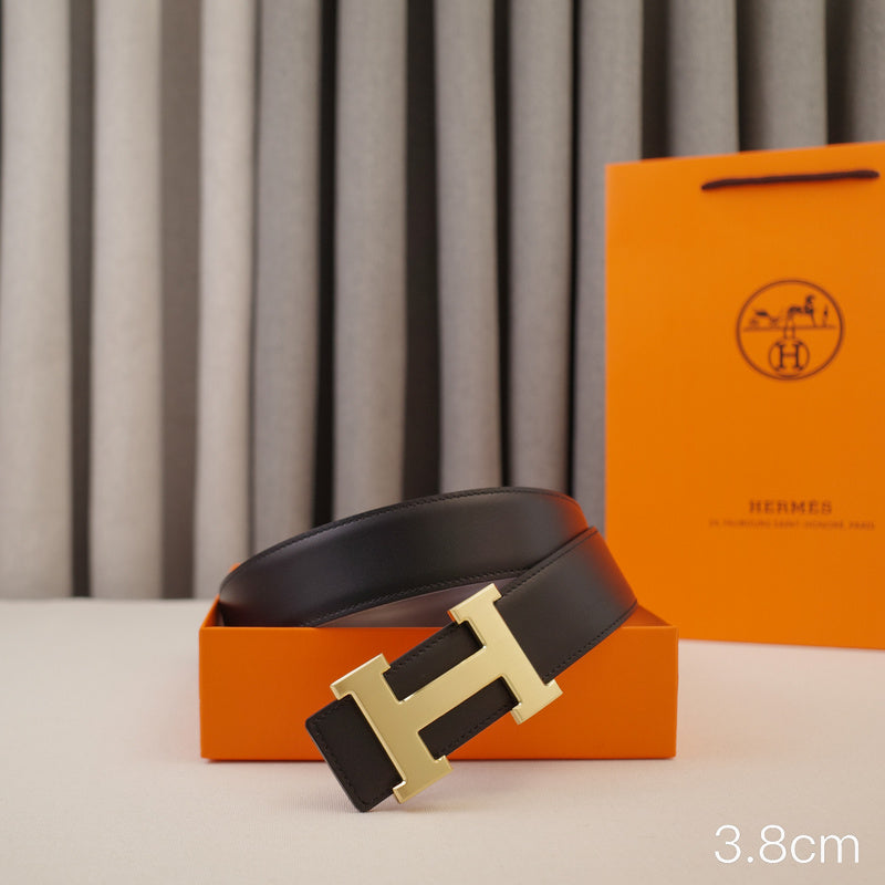 Hermes - 3.8/3.4/2.4cm Classic H-shaped stringing gold - double-sided black coffee ZSB3811h