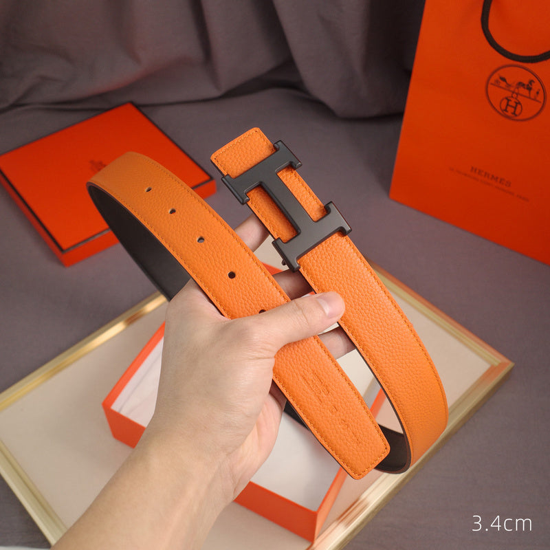 Hermes - 3.8/3.4 classic H-lychee pattern Orange black Buckle 3801h / 3401h