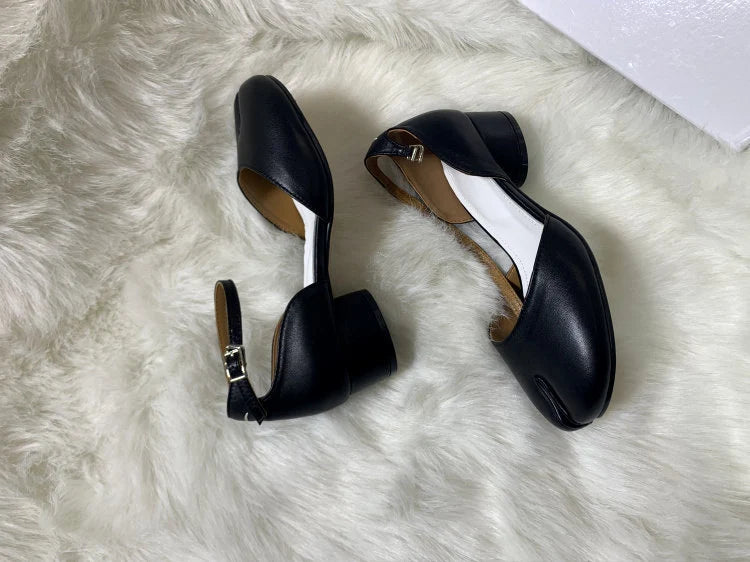 Handmade Women 3.5cm Heel Leather Tabi Shoes,Split Toe shoes,Women's Leather Heel Shoes, Personal Shoes for Women,Women's White Shoes