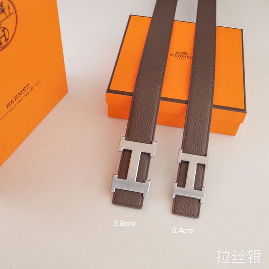 Hermes - 3.8/3.4 classic H-lychee pattern coffee silver Buckle 3801h / 3401h