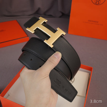 Hermes - 3.8/3.4/2.4cm classic H-lychee pattern black gold  3801h / 3401h / 2401h