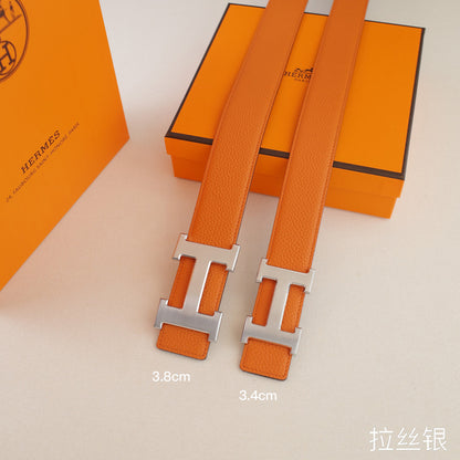 Hermes - 3.8/3.4 classic H-lychee pattern Orange silver Buckle 3801h / 3401h