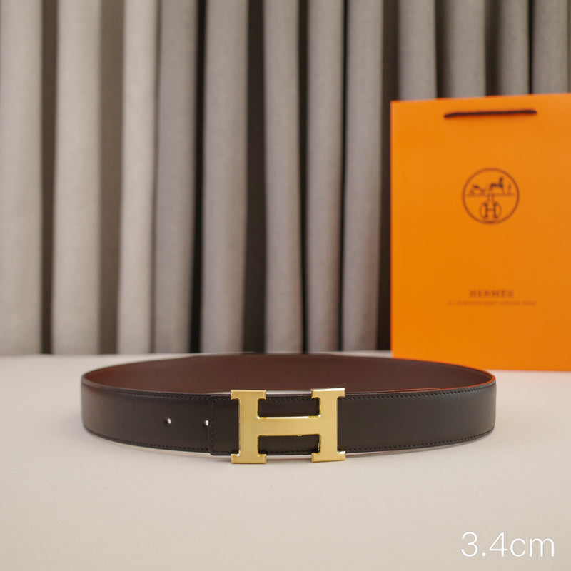 Hermes -   3.8/3.4/2.4cm Classic H-shaped stringing gold - double-sided black coffee  ZSB3811h