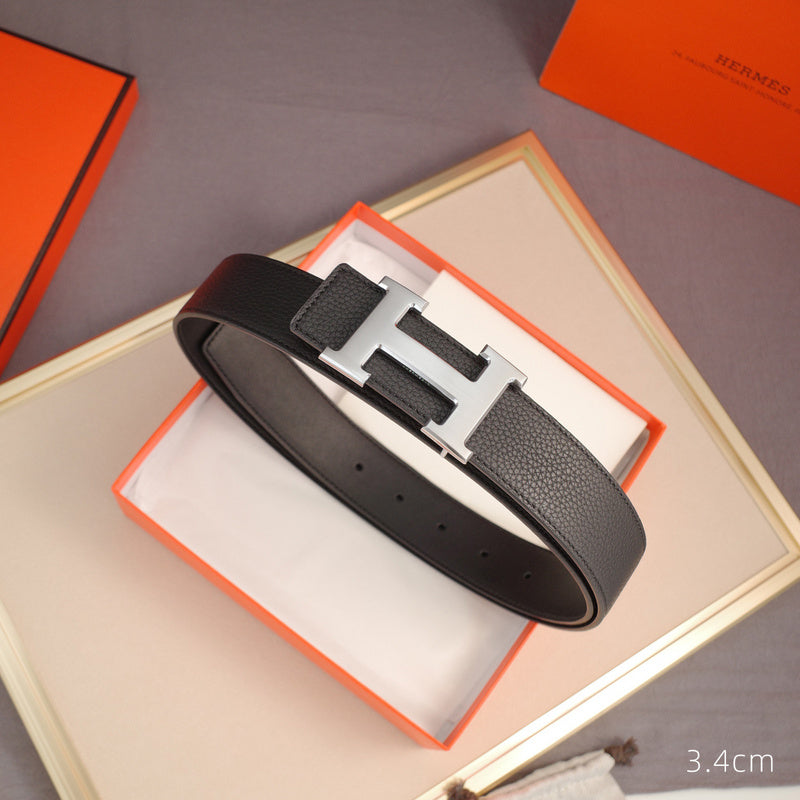 Hermes - 3.8/3.4/2.4cm classic H-lychee pattern black silver Buckle 3801h / 3401h / 2401h