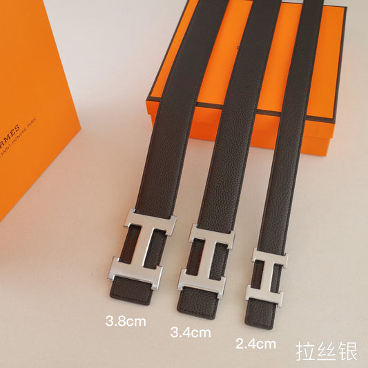 Hermes - 3.8/3.4/2.4cm classic H-lychee pattern black silver Buckle 3801h / 3401h / 2401h