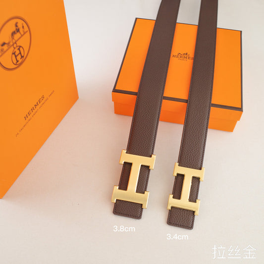 Hermes - 3.8/3.4 classic H-lychee pattern coffee gold Buckle  3801h / 3401h