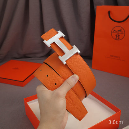 Hermes - 3.8/3.4 classic H-lychee pattern Orange silver Buckle 3801h / 3401h
