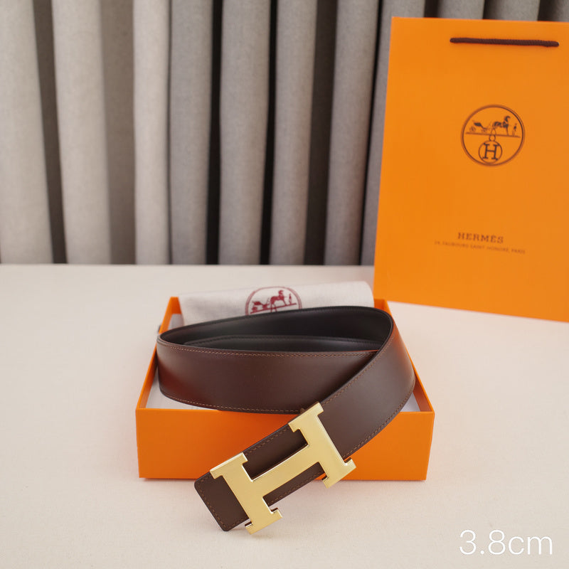 Hermes -   3.8/3.4/2.4cm Classic H-shaped stringing gold - double-sided black coffee  ZSB3811h