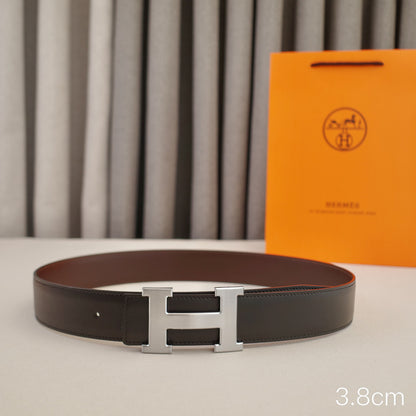 Hermes -   3.8/3.4/2.4cm Classic H-shaped silver with a double-sided black coffee finish  ZSB3811h