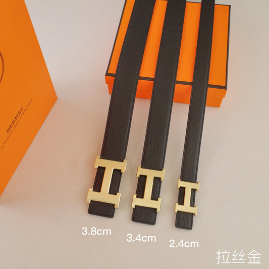 Hermes - 3.8/3.4/2.4cm classic H-lychee pattern black gold  3801h / 3401h / 2401h
