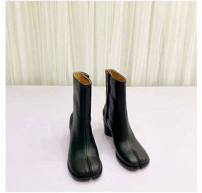 Split-Toe Leather Men’s Women’s Boots,6cm Heels Tabi Boots,Personal Handmade Women Leather Boots,Women Shoes for Autumn & Winter,Black